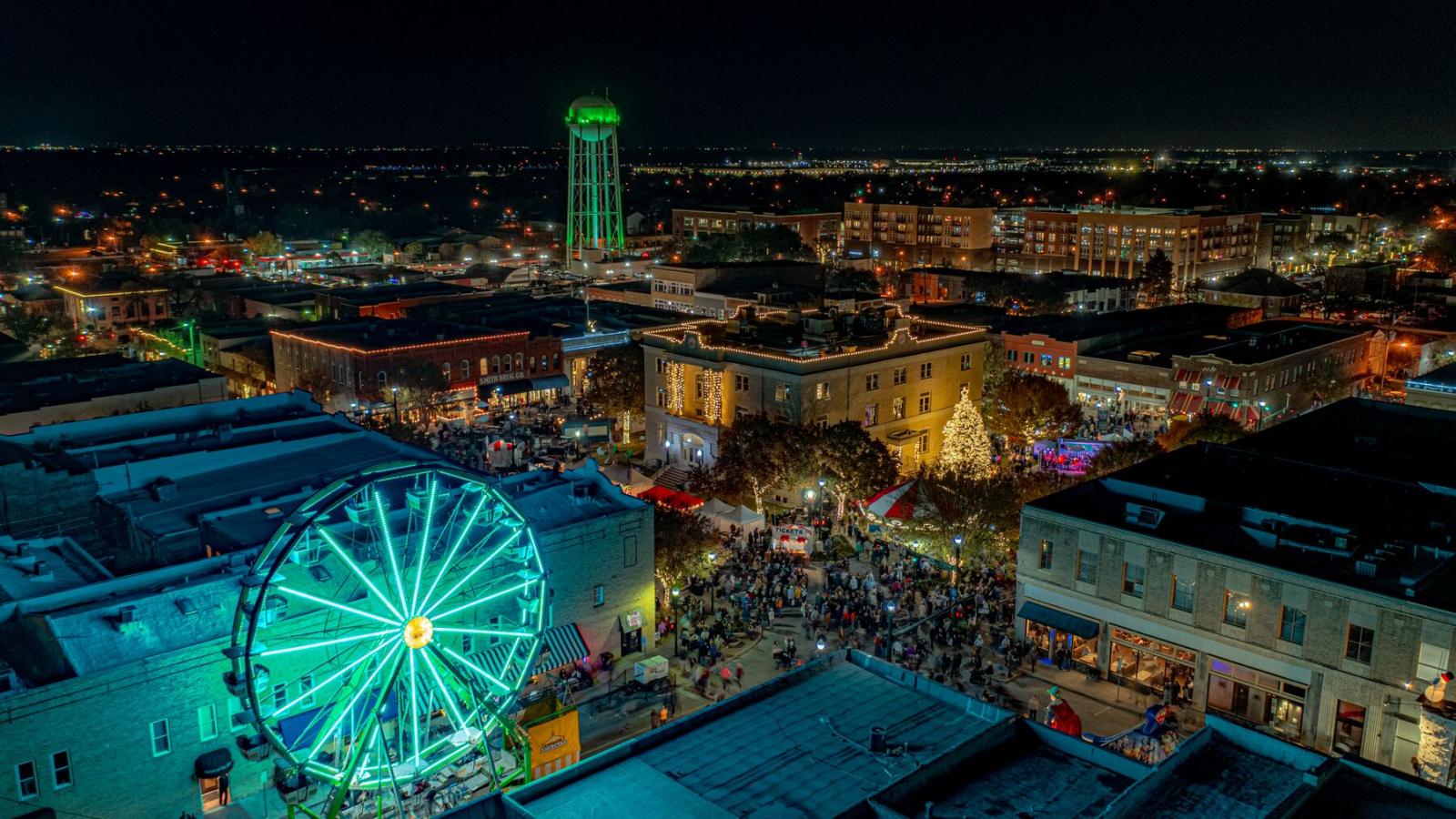 Downtown McKinney from above during Home for the Holidays